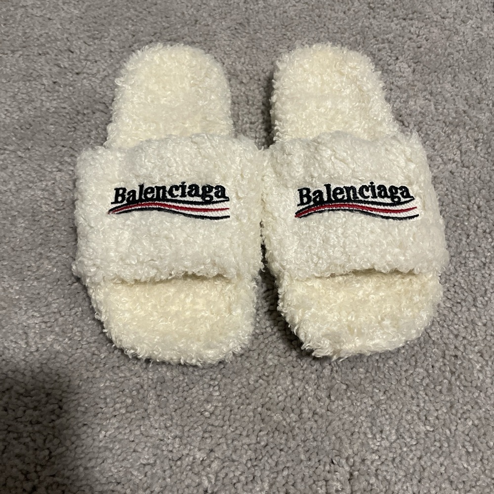 Balenciaga Ivory Plush Slides